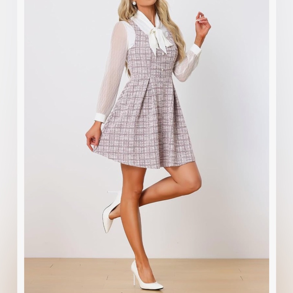 Allegra K Tweed Dress for Women's Pinafore Overall Sleeveless A-Line Plaid Tank
